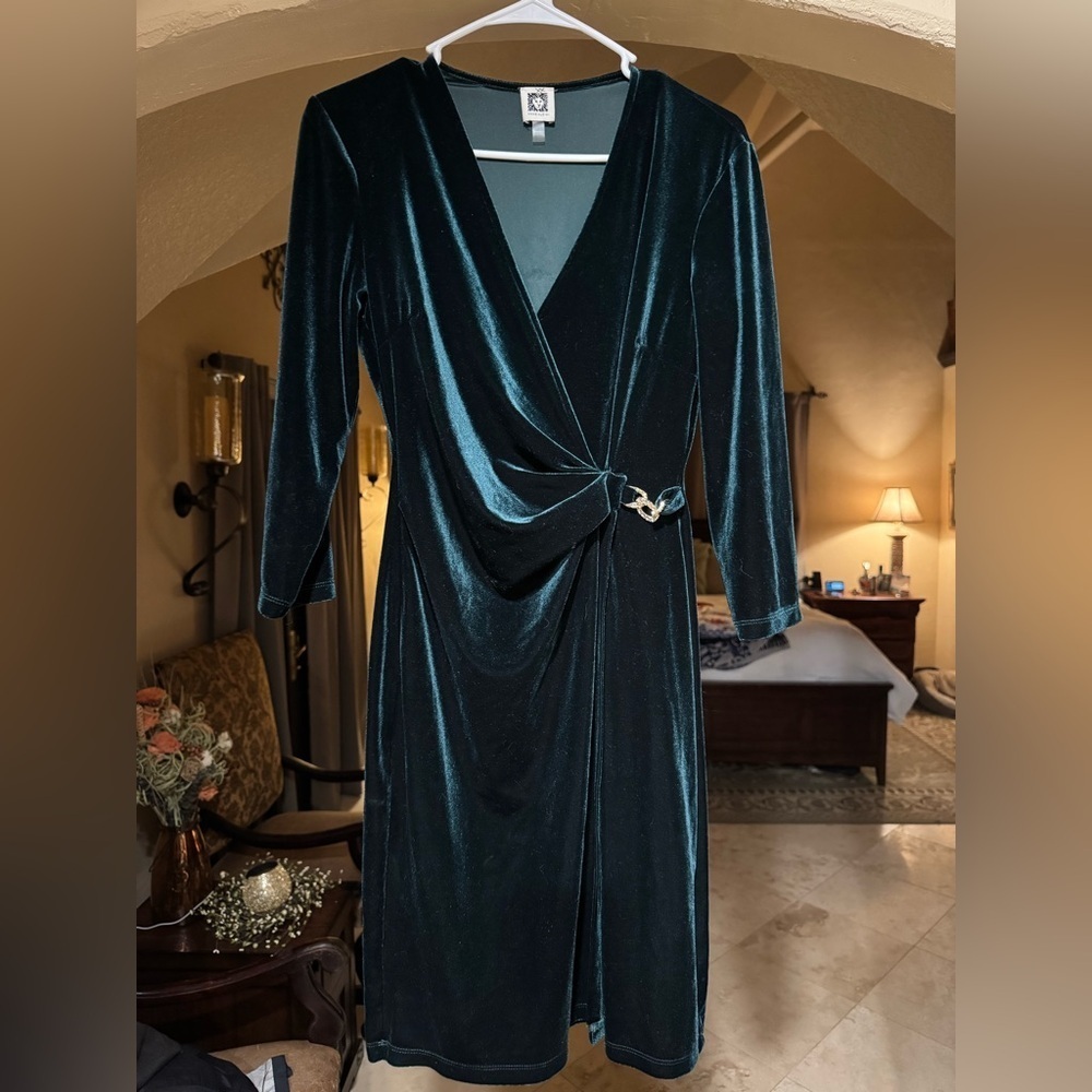 Anne Klein Velvet Wrap Dress with Gold Accent